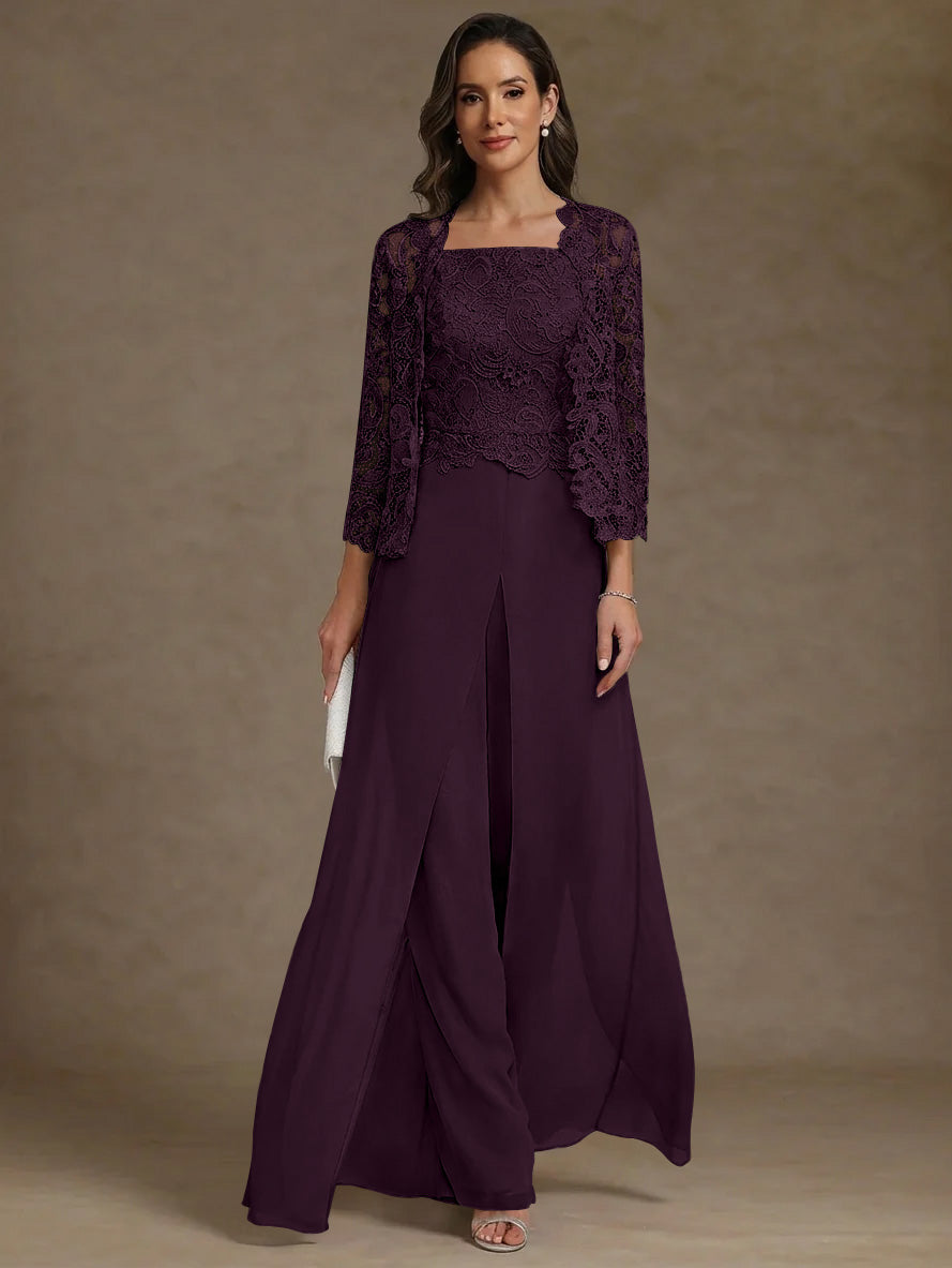 3 Pieces Square Collar Chiffon Mother Of The Bride Pantsuits With Jacket Lace Ankle Length With Overskirt 3 4 Sleeves