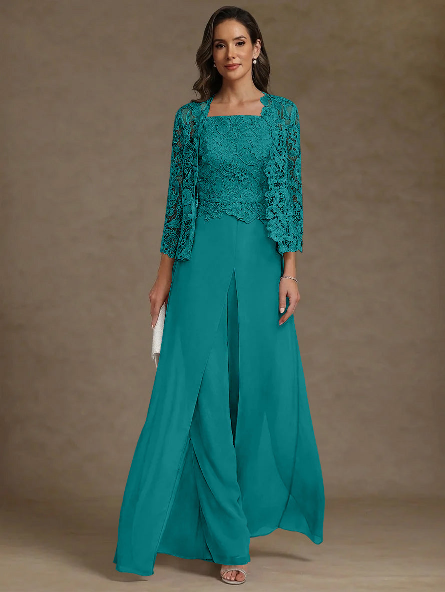 3 Pieces Square Collar Chiffon Mother Of The Bride Pantsuits With Jacket Lace Ankle Length With Overskirt 3 4 Sleeves