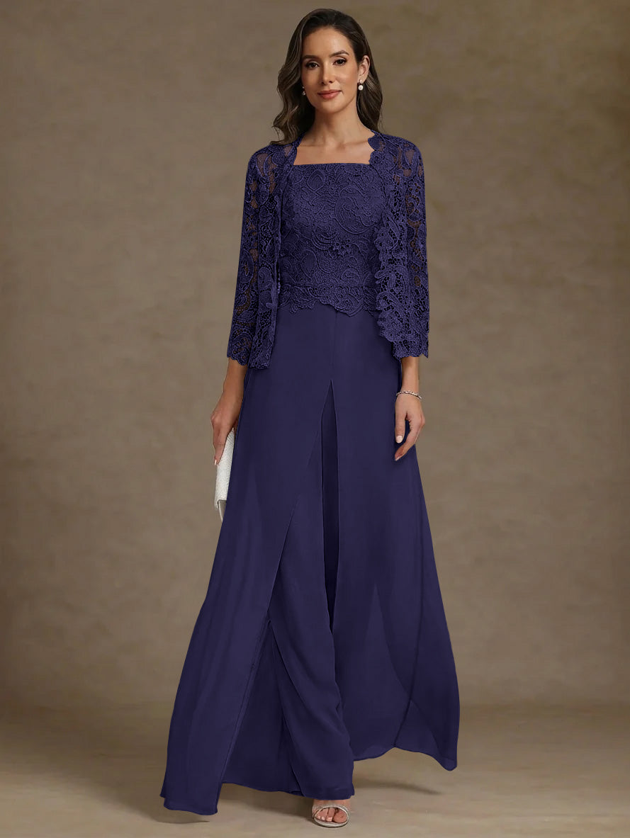 3 Pieces Square Collar Chiffon Mother Of The Bride Pantsuits With Jacket Lace Ankle Length With Overskirt 3 4 Sleeves
