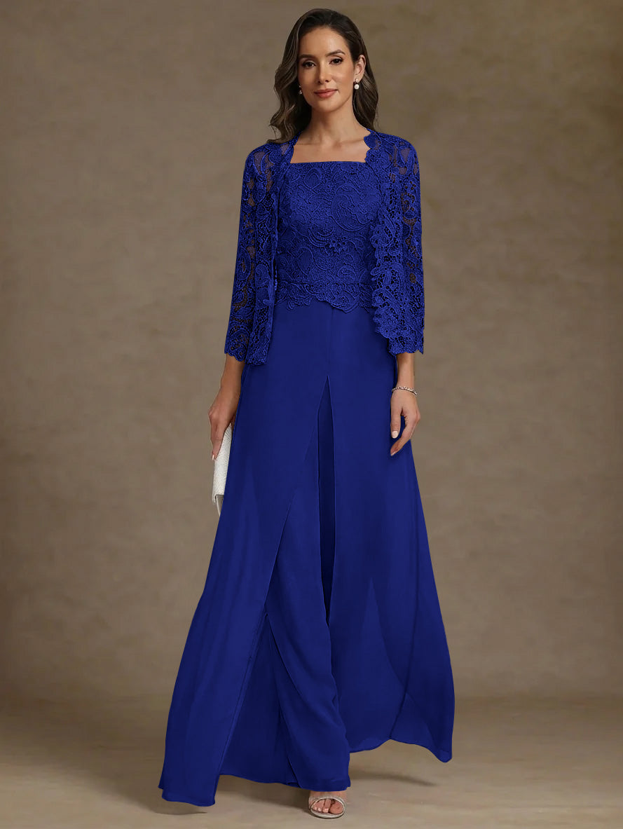 3 Pieces Square Collar Chiffon Mother Of The Bride Pantsuits With Jacket Lace Ankle Length With Overskirt 3 4 Sleeves