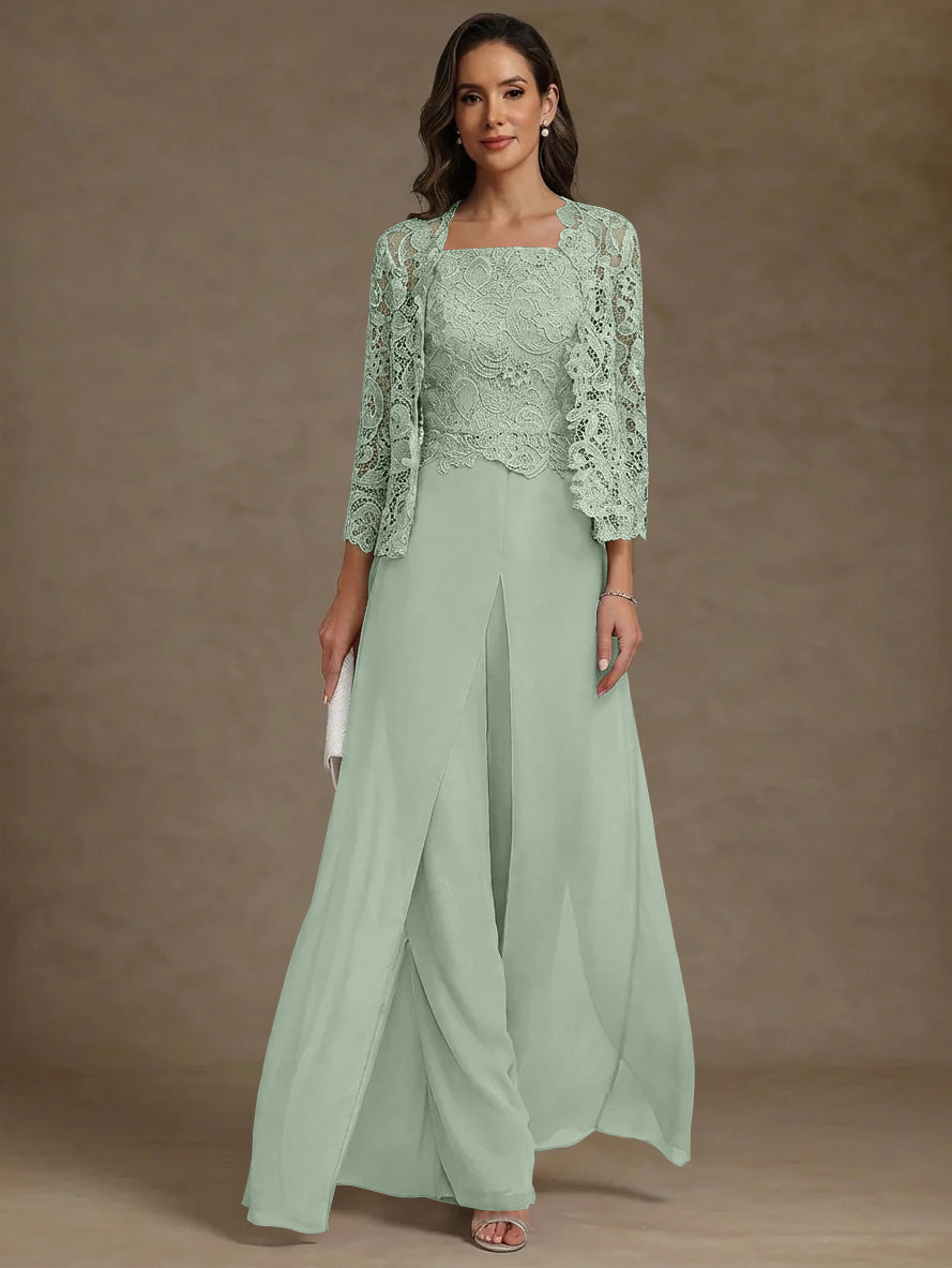 3 Pieces Square Collar Chiffon Mother Of The Bride Pantsuits With Jacket Lace Ankle Length With Overskirt 3 4 Sleeves
