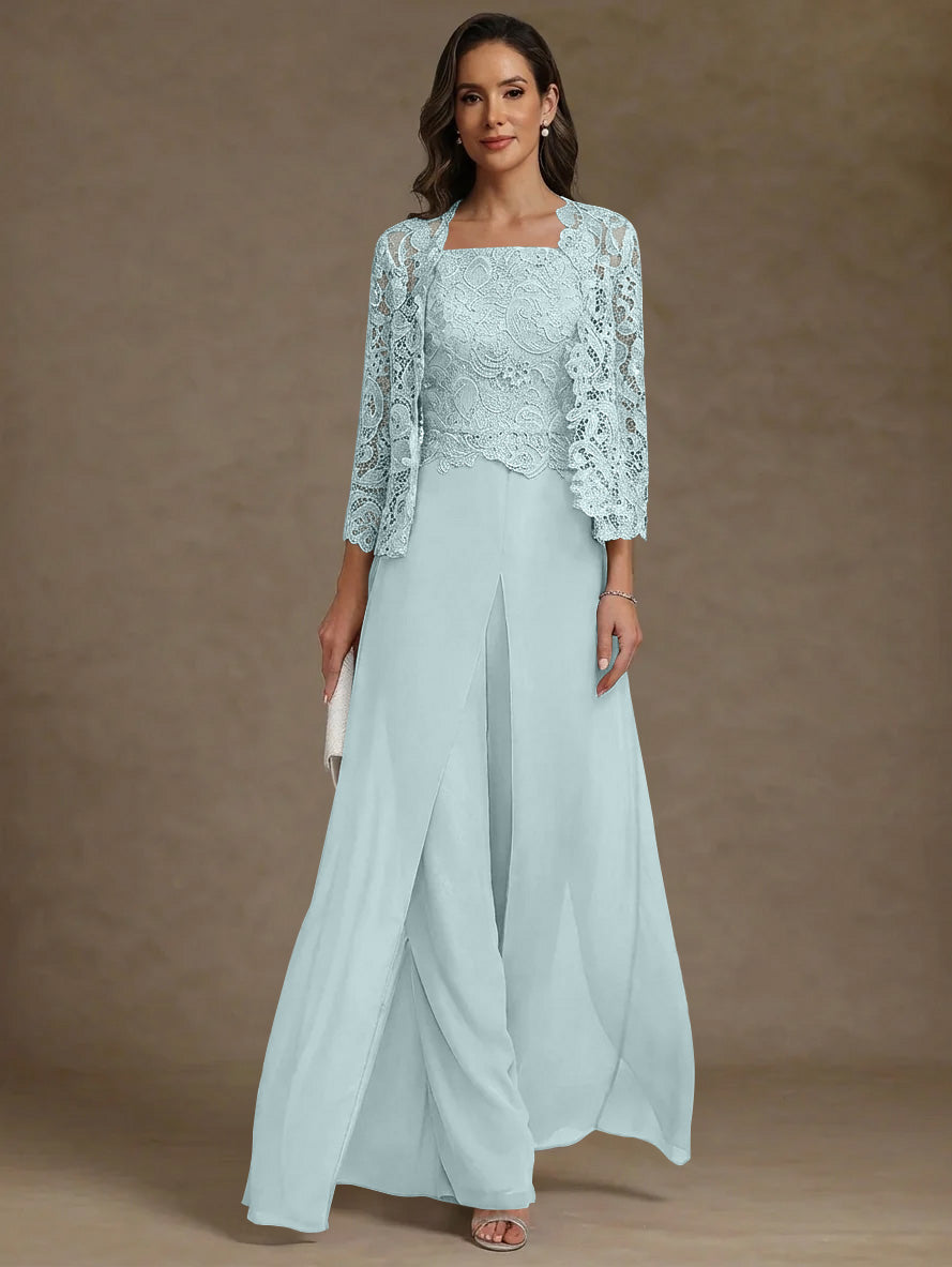 3 Pieces Square Collar Chiffon Mother Of The Bride Pantsuits With Jacket Lace Ankle Length With Overskirt 3 4 Sleeves