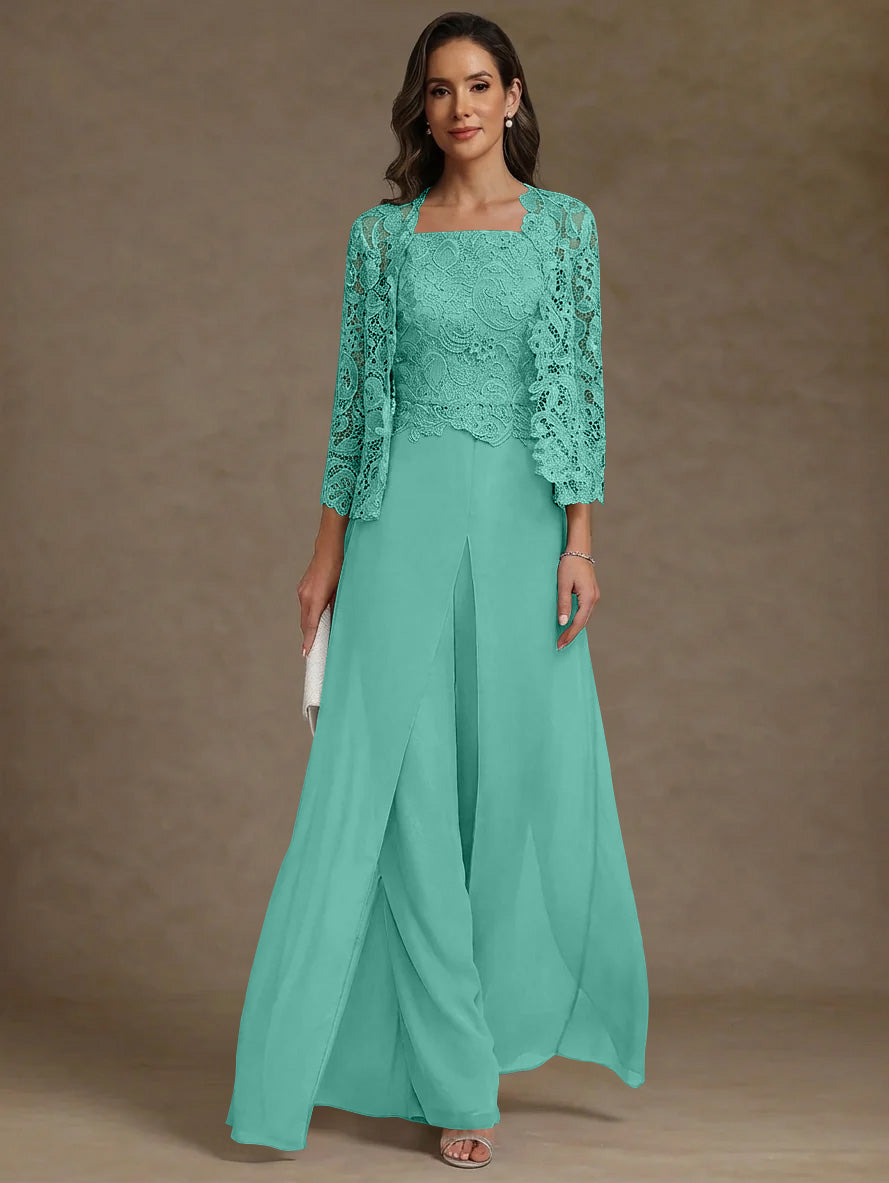3 Pieces Square Collar Chiffon Mother Of The Bride Pantsuits With Jacket Lace Ankle Length With Overskirt 3 4 Sleeves