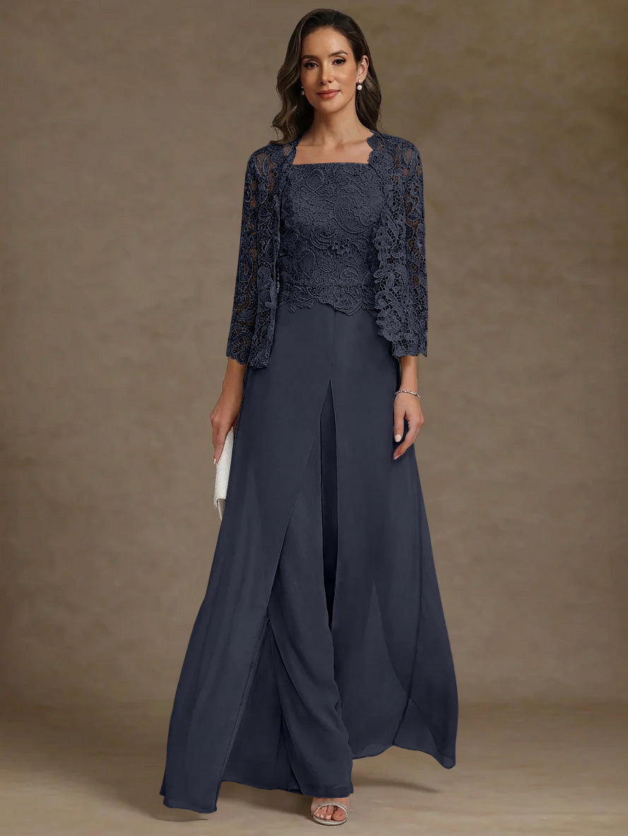 3 Pieces Square Collar Chiffon Mother Of The Bride Pantsuits With Jacket Lace Ankle Length With Overskirt 3 4 Sleeves