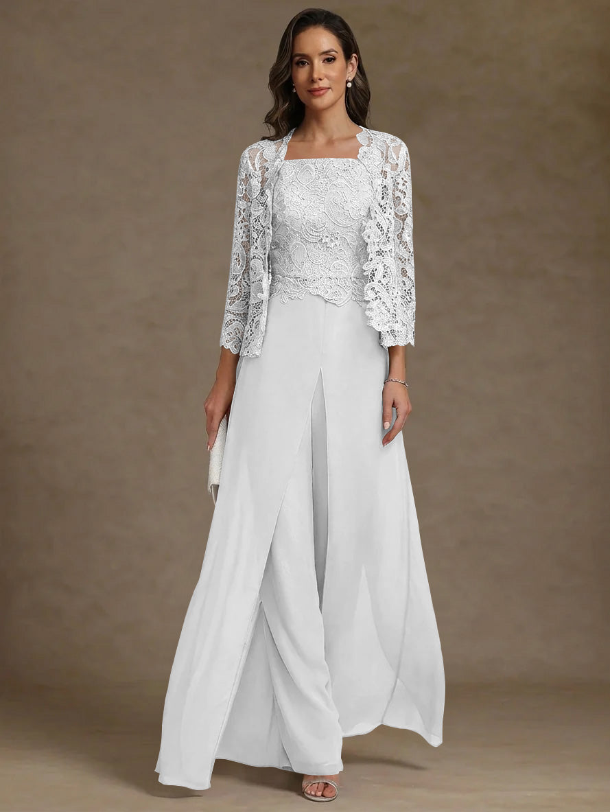 3 Pieces Square Collar Chiffon Mother Of The Bride Pantsuits With Jacket Lace Ankle Length With Overskirt 3 4 Sleeves