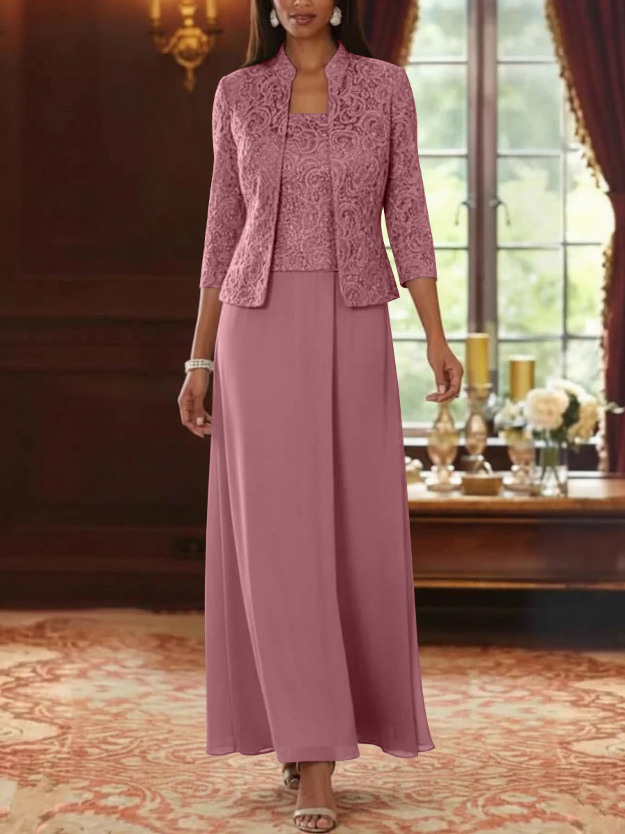 2 Pieces A Line Princess Square Collar Chiffon Mother Of The Bride Dresses With Jacket Lace Ankle Length 3 4 Sleeves