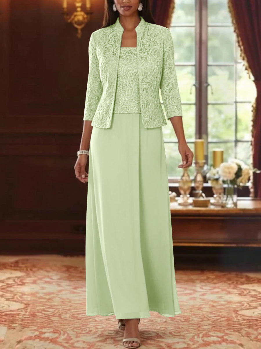 2 Pieces A Line Princess Square Collar Chiffon Mother Of The Bride Dresses With Jacket Lace Ankle Length 3 4 Sleeves