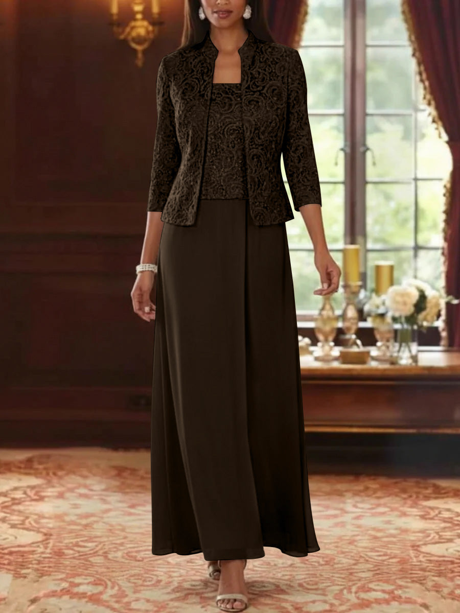 2 Pieces A Line Princess Square Collar Chiffon Mother Of The Bride Dresses With Jacket Lace Ankle Length 3 4 Sleeves