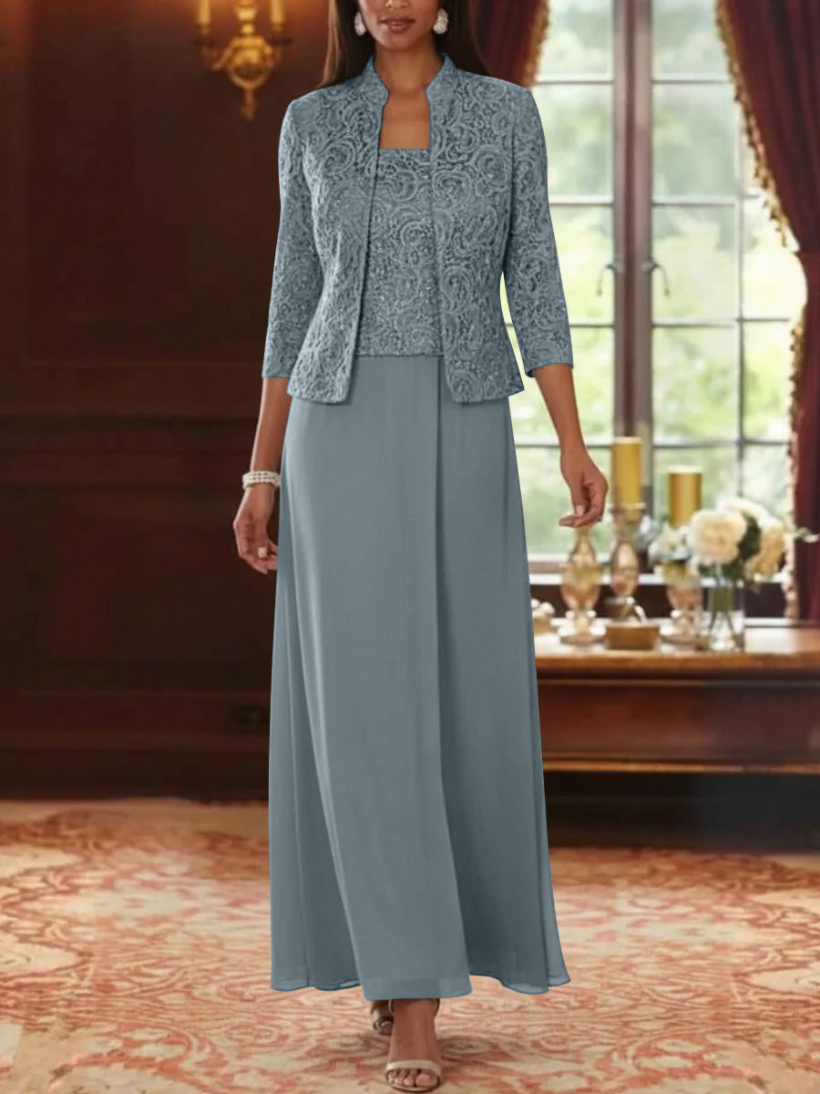2 Pieces A Line Princess Square Collar Chiffon Mother Of The Bride Dresses With Jacket Lace Ankle Length 3 4 Sleeves