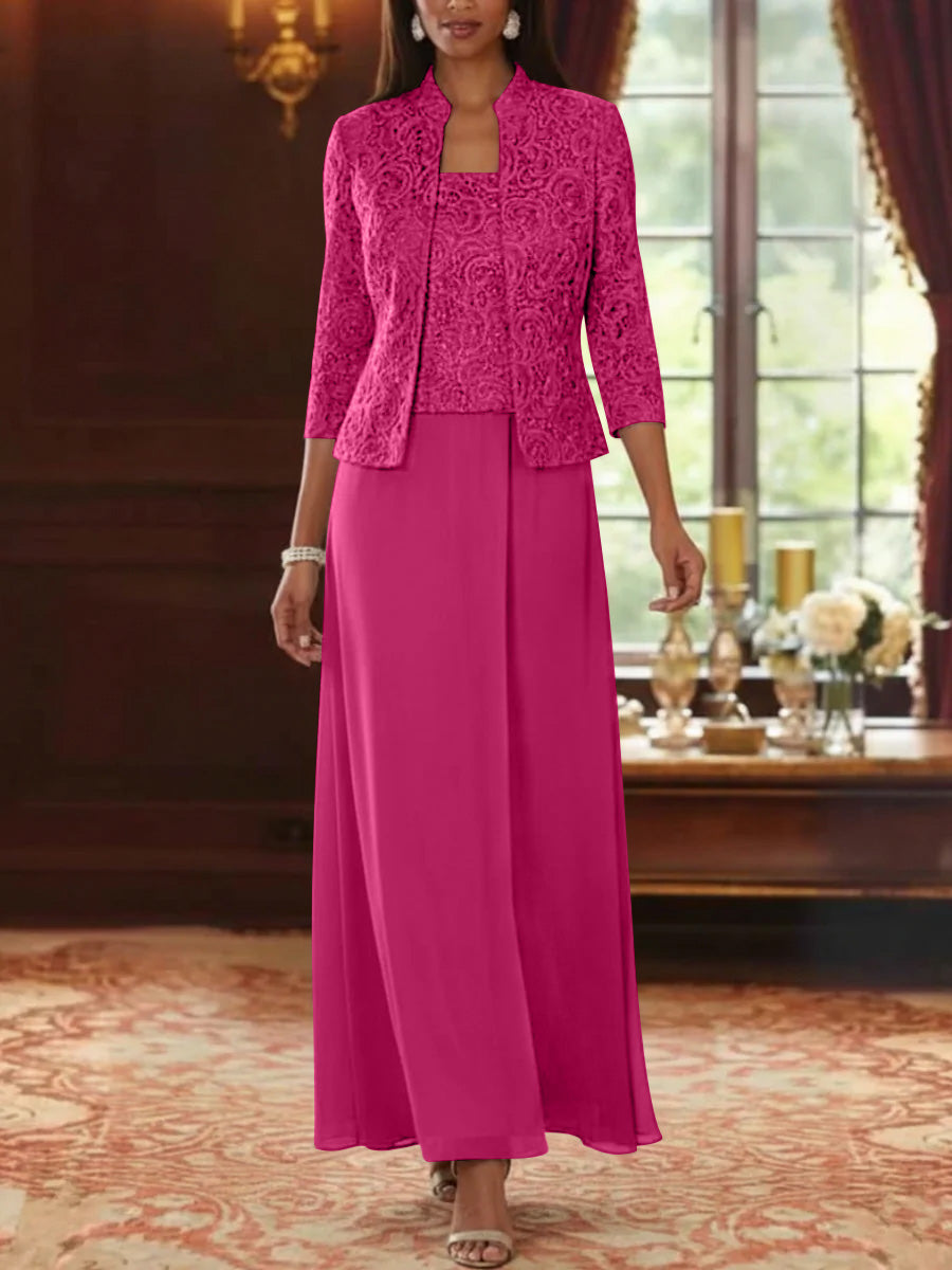 2 Pieces A Line Princess Square Collar Chiffon Mother Of The Bride Dresses With Jacket Lace Ankle Length 3 4 Sleeves