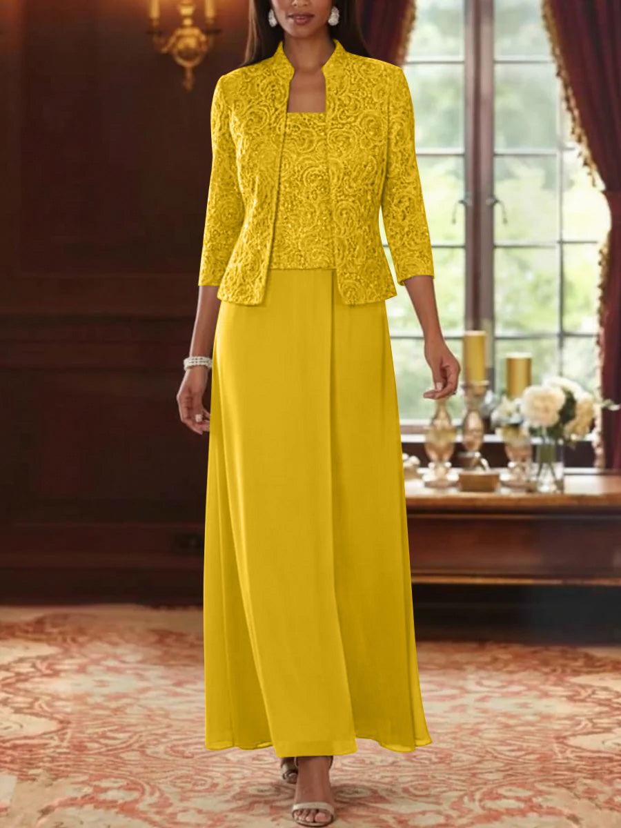 2 Pieces A Line Princess Square Collar Chiffon Mother Of The Bride Dresses With Jacket Lace Ankle Length 3 4 Sleeves
