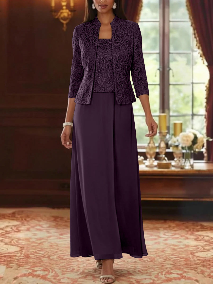 2 Pieces A Line Princess Square Collar Chiffon Mother Of The Bride Dresses With Jacket Lace Ankle Length 3 4 Sleeves