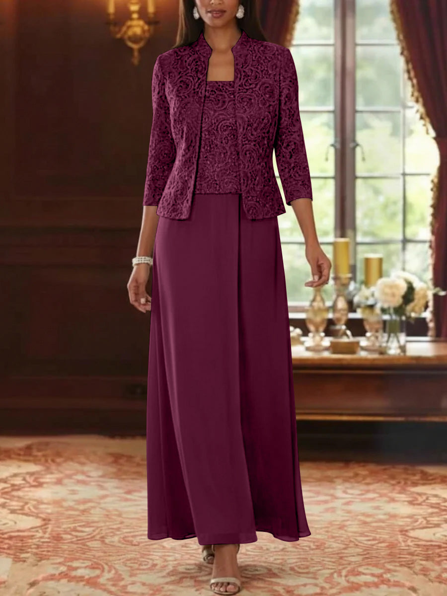 2 Pieces A Line Princess Square Collar Chiffon Mother Of The Bride Dresses With Jacket Lace Ankle Length 3 4 Sleeves