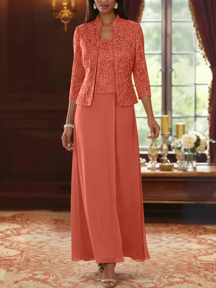 2 Pieces A Line Princess Square Collar Chiffon Mother Of The Bride Dresses With Jacket Lace Ankle Length 3 4 Sleeves