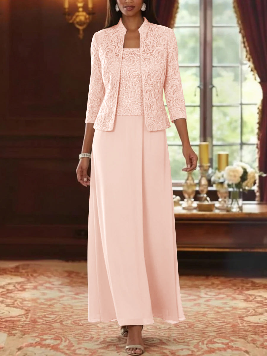 2 Pieces A Line Princess Square Collar Chiffon Mother Of The Bride Dresses With Jacket Lace Ankle Length 3 4 Sleeves