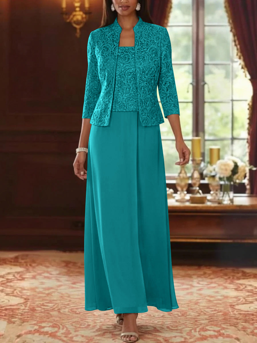 2 Pieces A Line Princess Square Collar Chiffon Mother Of The Bride Dresses With Jacket Lace Ankle Length 3 4 Sleeves