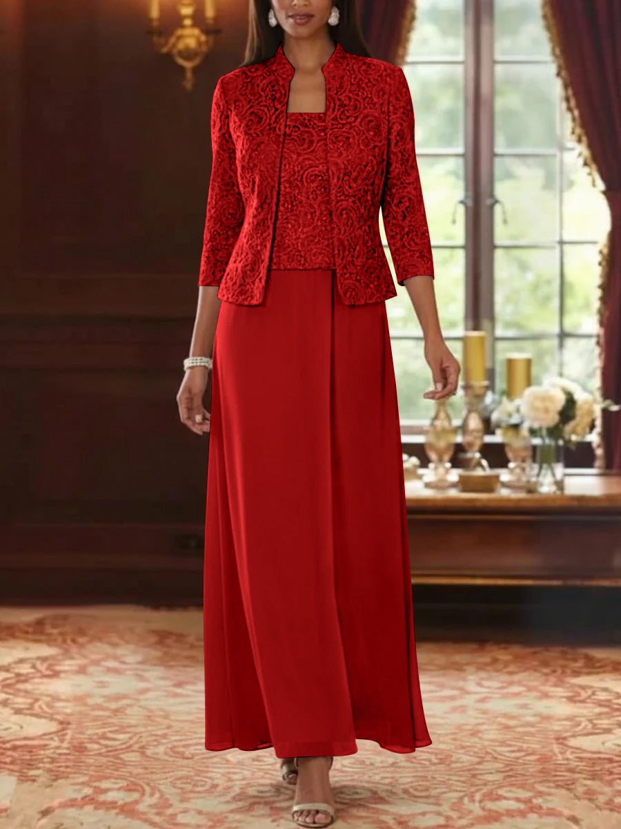 2 Pieces A Line Princess Square Collar Chiffon Mother Of The Bride Dresses With Jacket Lace Ankle Length 3 4 Sleeves