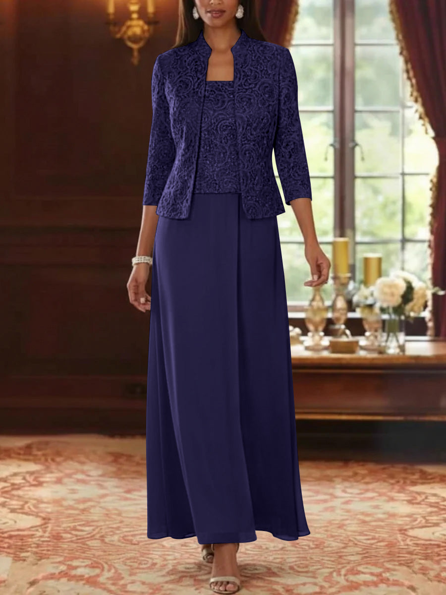 2 Pieces A Line Princess Square Collar Chiffon Mother Of The Bride Dresses With Jacket Lace Ankle Length 3 4 Sleeves
