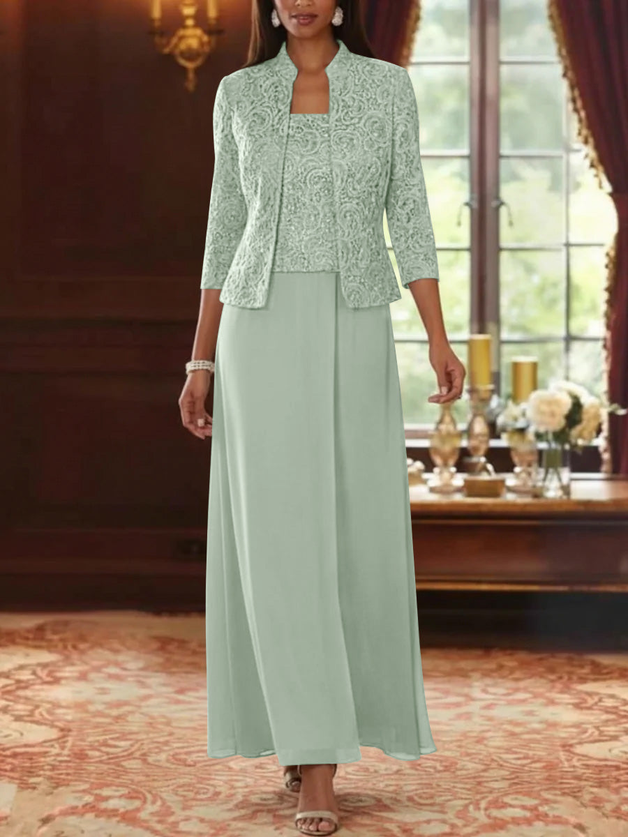 2 Pieces A Line Princess Square Collar Chiffon Mother Of The Bride Dresses With Jacket Lace Ankle Length 3 4 Sleeves