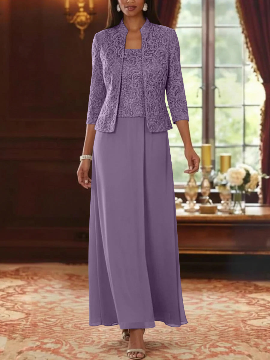 2 Pieces A Line Princess Square Collar Chiffon Mother Of The Bride Dresses With Jacket Lace Ankle Length 3 4 Sleeves