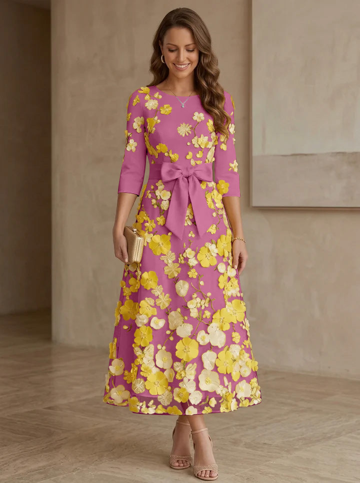 A Line Princess Scoop Satin Mother Of The Bride Dresses With Bowknot Lace Floral 3 4 Sleeves Tea Length
