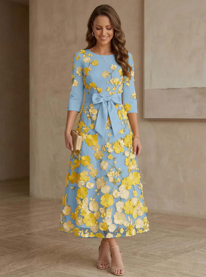 A Line Princess Scoop Satin Mother Of The Bride Dresses With Bowknot Lace Floral 3 4 Sleeves Tea Length
