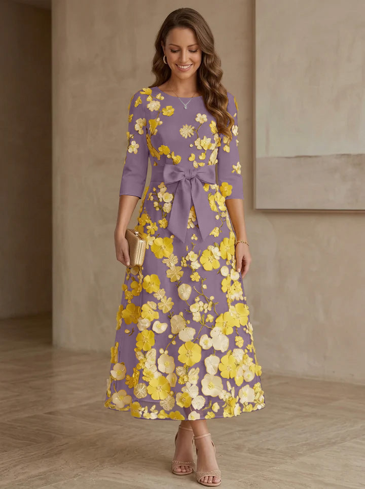 A Line Princess Scoop Satin Mother Of The Bride Dresses With Bowknot Lace Floral 3 4 Sleeves Tea Length