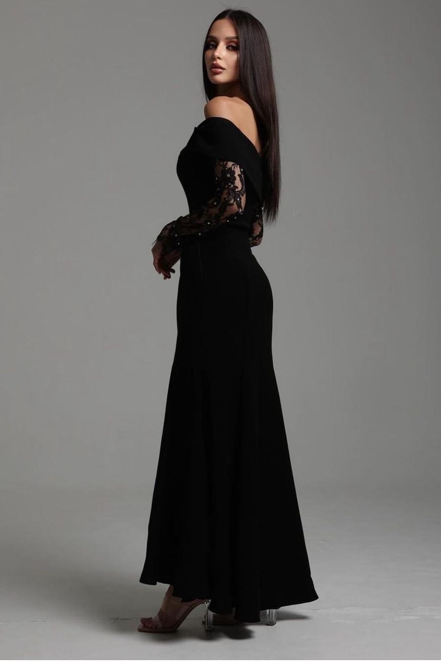 Off the Shoulder Long Sleeves Long Formal Dress With Ruffles Appliques