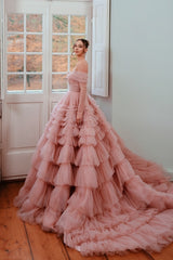 Fabulous Dusty Rose A-Line Strapless Off-The-Shoulder Long Sleeves Sweep Train Ball Gown Tulle Evening Dresses With Ruffles