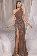 One Shoulder Sleeveless Sequins Front Split Long Formal Dress With Ruffles