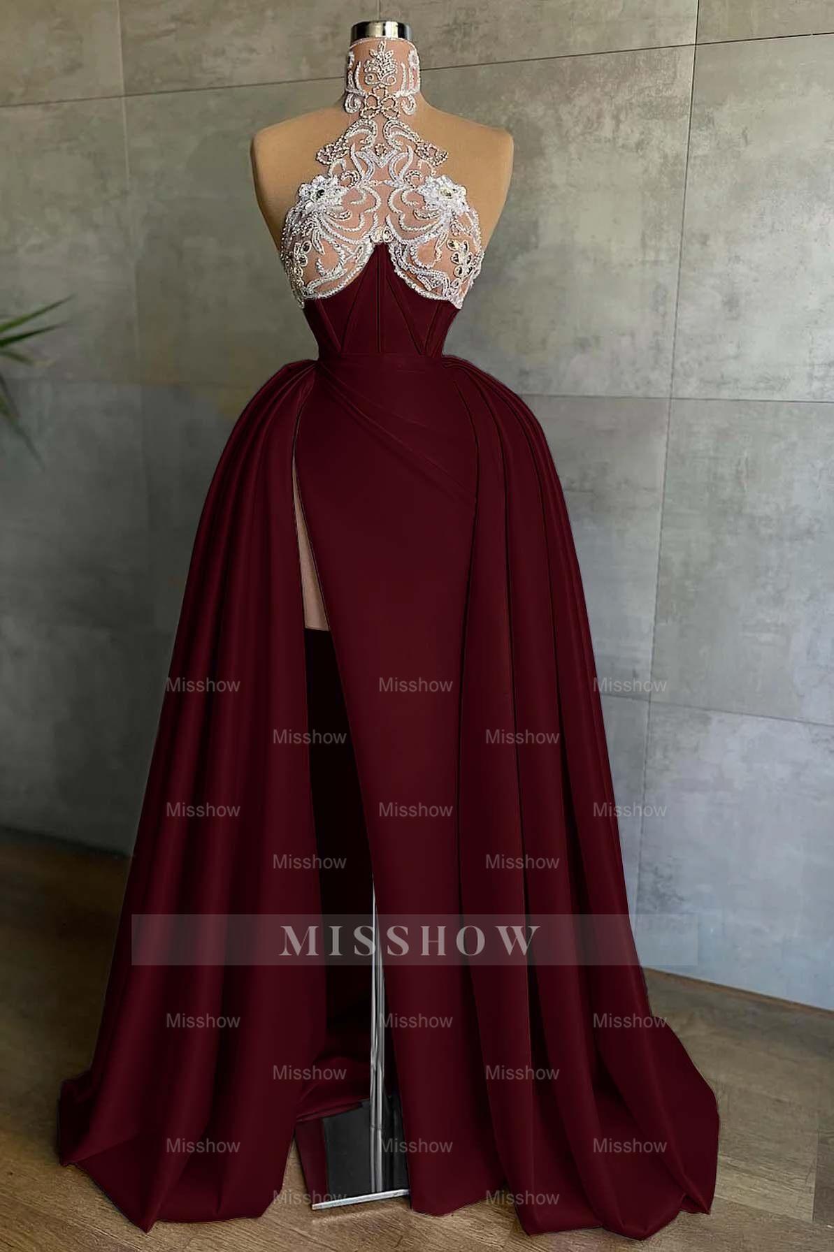 Halter Sleeveless Mermaid Split Long Formal Dress With Appliques