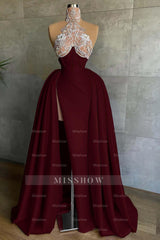 Halter Sleeveless Mermaid Split Long Formal Dress With Appliques