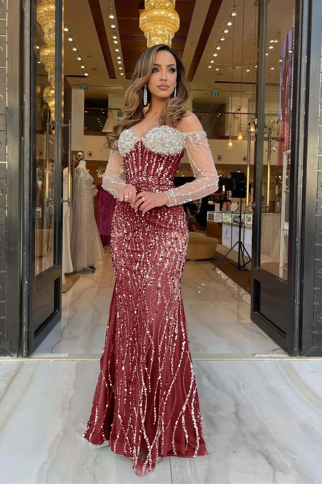 Heavy Formal Dress Sweetheart Long Sleeves Strapless Beading Long Tulle