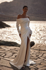 Charming Stain Off-The-Shoulder Long Sleeves Long Pleated Formal Dress With Split