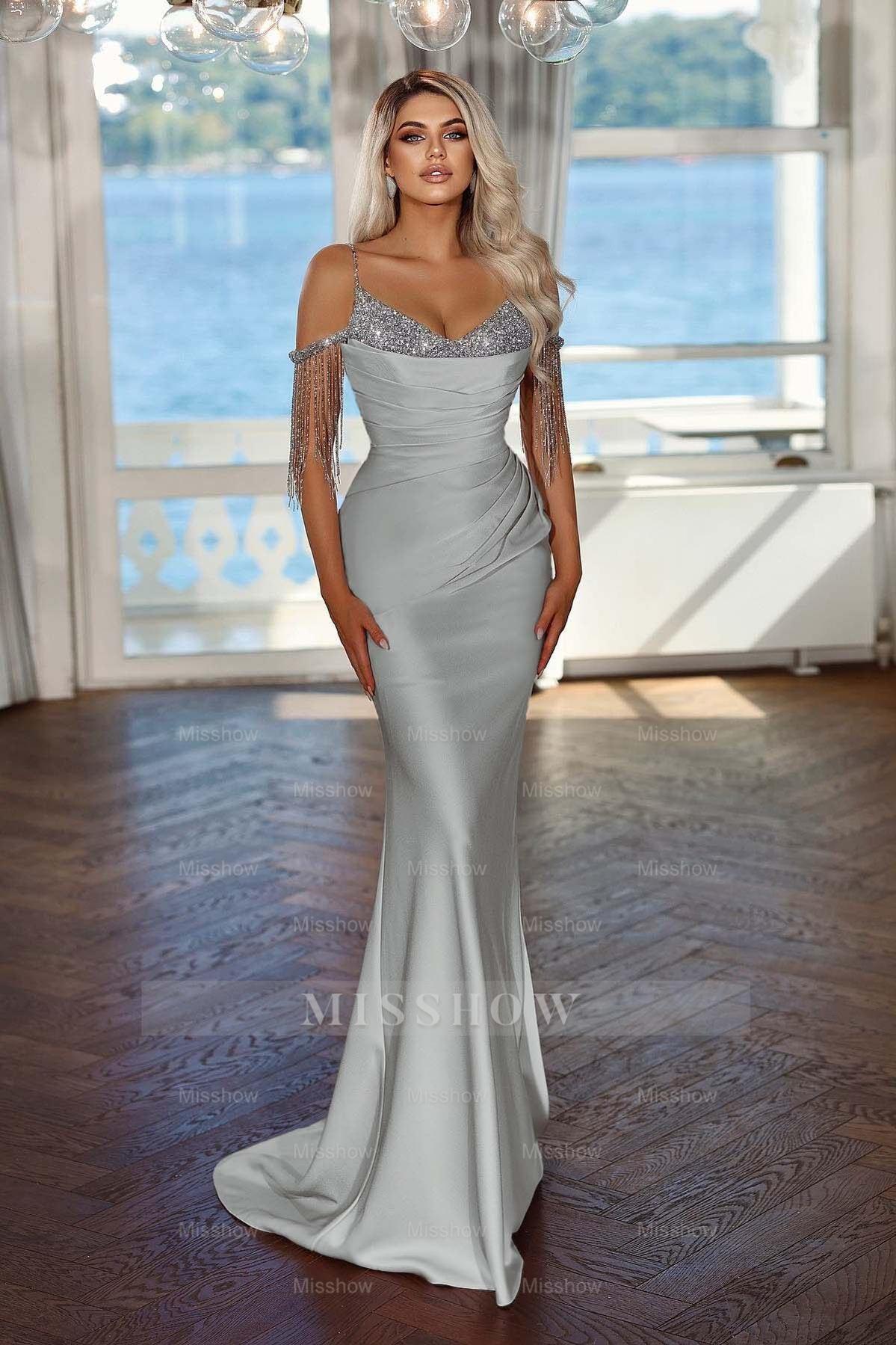 Spaghetti Strap Sleeveless Long Mermaid Formal Dress With Sequins