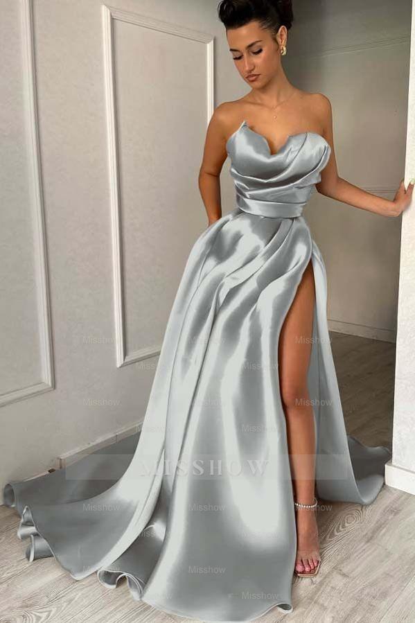 Strapless Sleeveless Long Formal Dress With High Split Pleated
