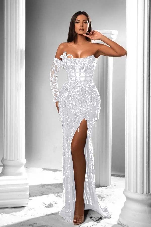 Strapless Long Sleeve High Split Long Formal Dress With Appliques