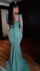Shinning Applique Long Sleeves Green Mermaid Floor Length Formal Dress
