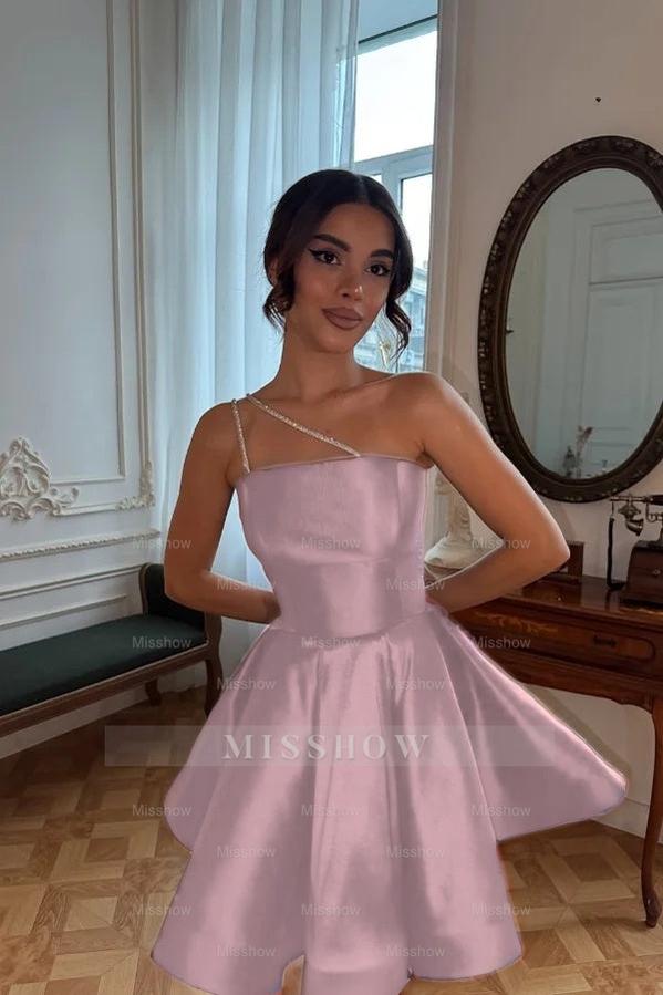 One Shoulder Sleeveless Short A Line Formal Dress With Pleated