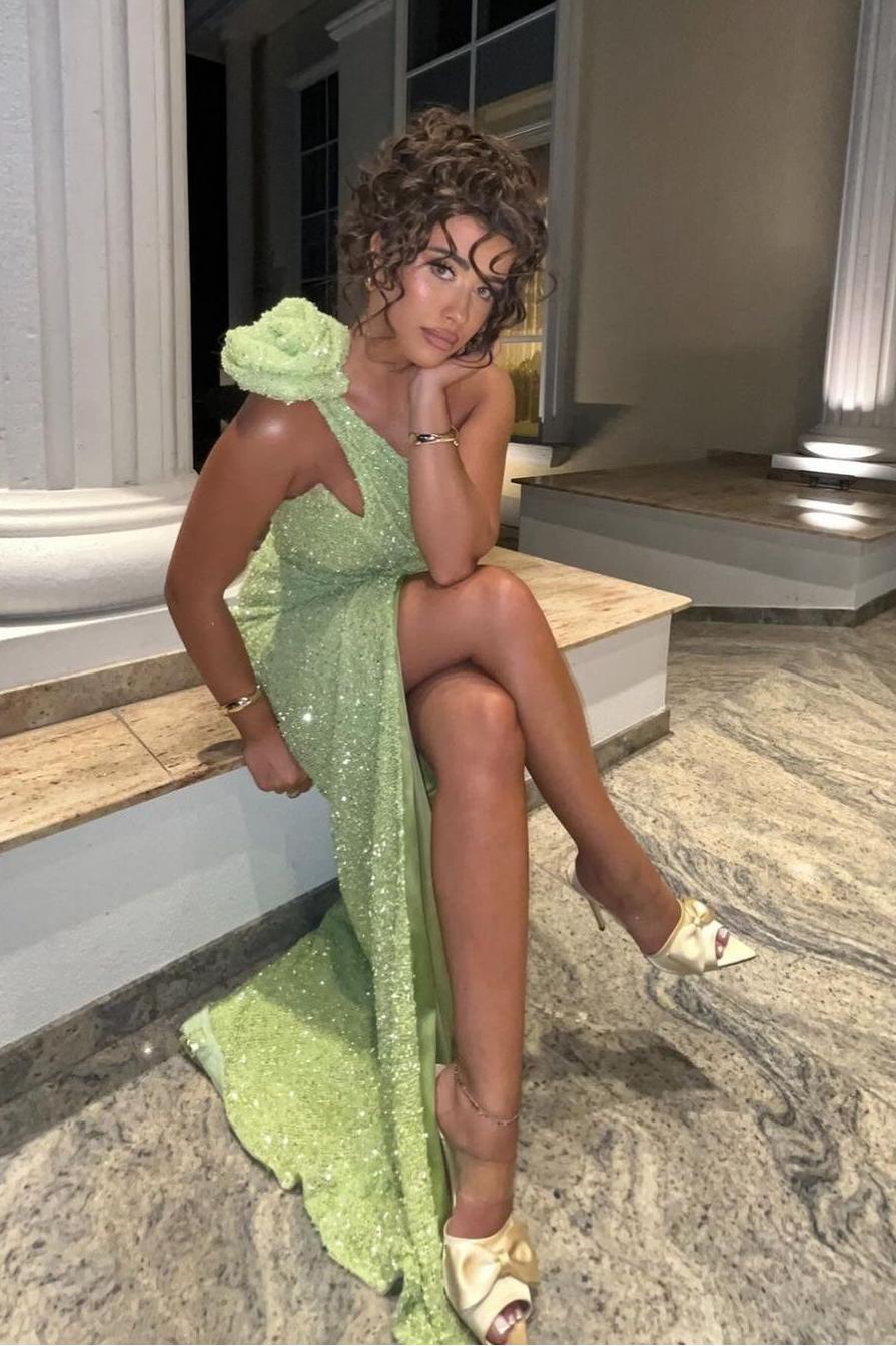 Sequins One Shoulder Sleeveless Split Long Formal Dress With Pleated