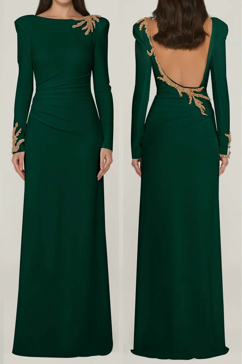 Long Sleeves Long Backless Formal Dress With Appliques Pleated