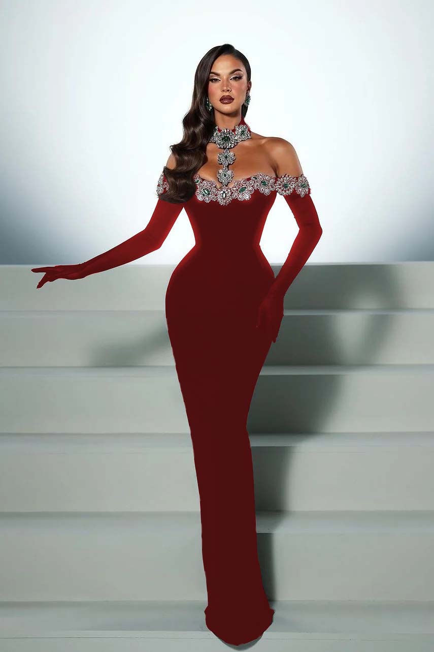 Halter Off the Shoulder Long Sleeves Long Mermaid Formal Dress With Beading