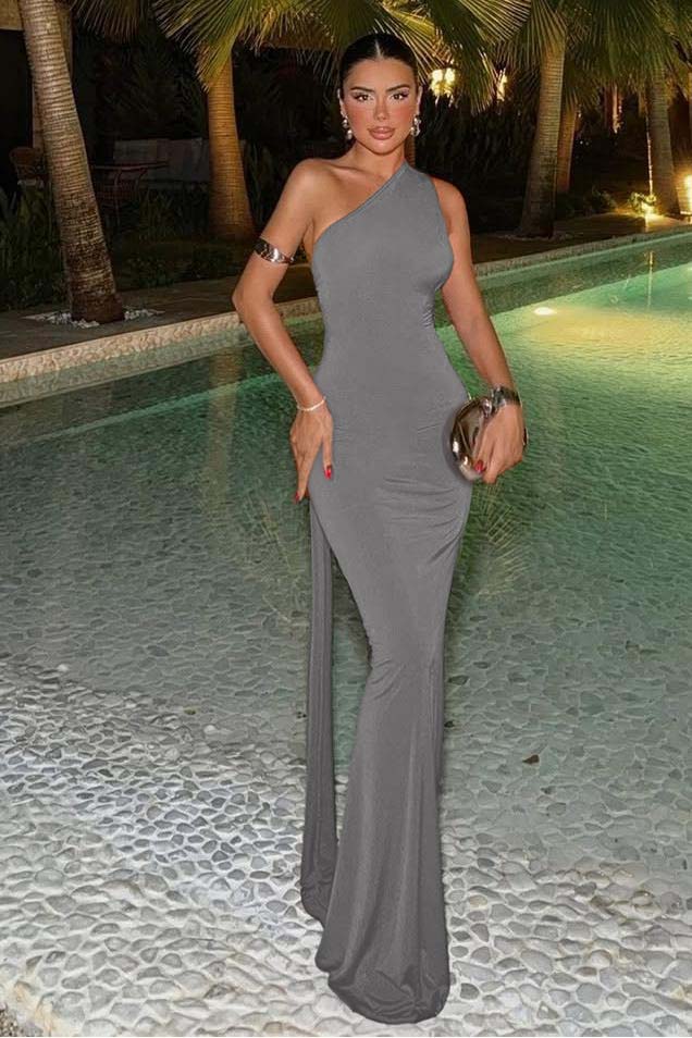 One Shoulder Sleeveless Mermaid Long Formal Dress With Ruffles