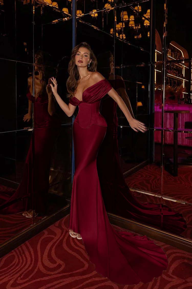 Off the Shoulder Sleeveless Long Mermaid Formal Dress With Pleated