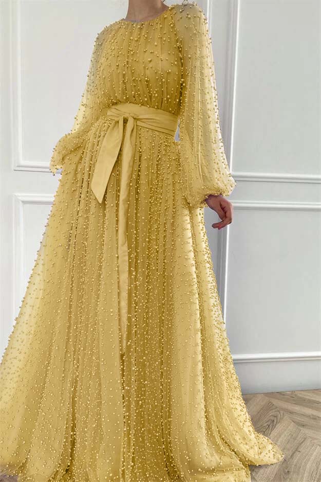 Long Sleeves Long Jewel Neck Formal Dress With Pleated Beading