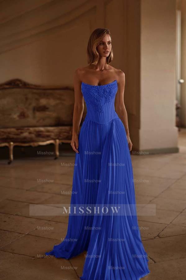Strapless Sleeveless Long Formal Dress With Appliques Pleated