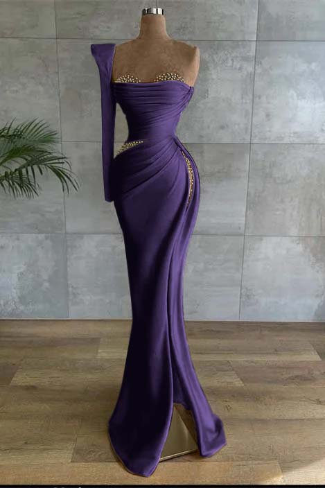 One Shoulder Long Sleeve Long High Split Formal Dress With Beading