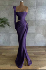 One Shoulder Long Sleeve Long High Split Formal Dress With Beading