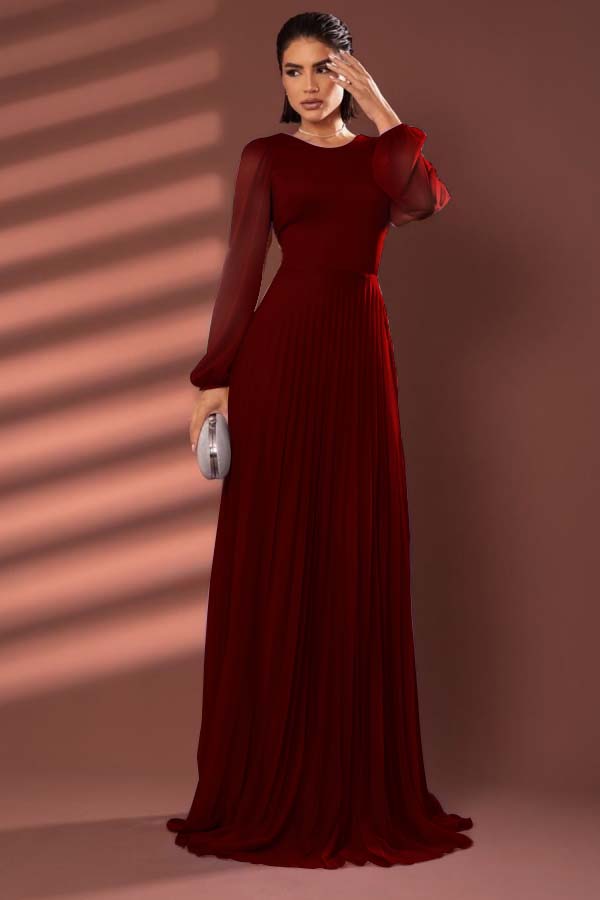 Chiffon Jewel Neck Long Sleeves Long Formal Dress With Pleated