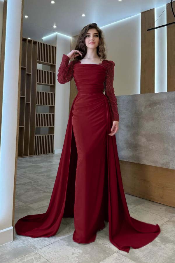 Long Sleeves Square Neck Long Mermaid Formal Dress With Pleated